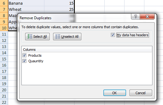 Excel remove duplicate options