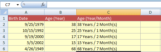 Excel-age calculate years month