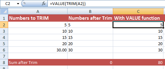 Excel TRIM Numbers fix