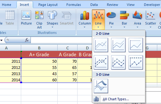 Excel line graph menu