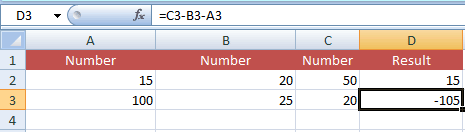 Excel subtract cells