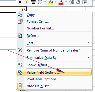 pivot table value settings