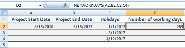 Excel NETWORKDAYS holidays