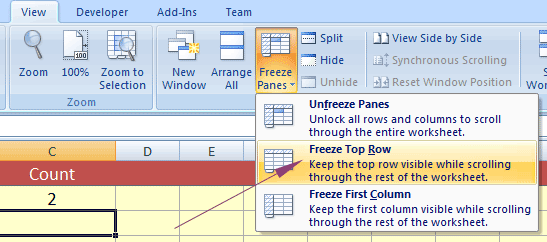 Excel freeze top row