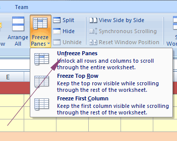 Excel unfreeze top row