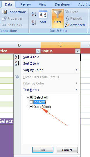 Excel filter dropdown