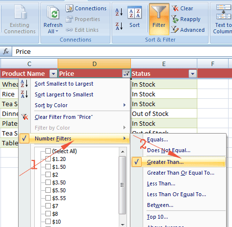 Excel filtered Numbers