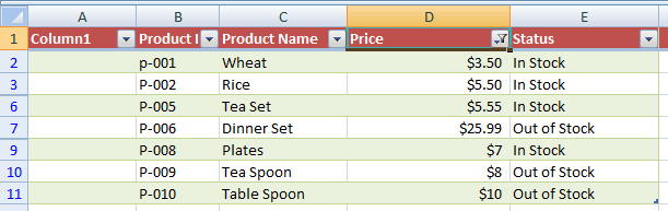 Excel filtered Numbers data