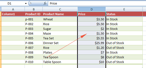 Excel hide column select