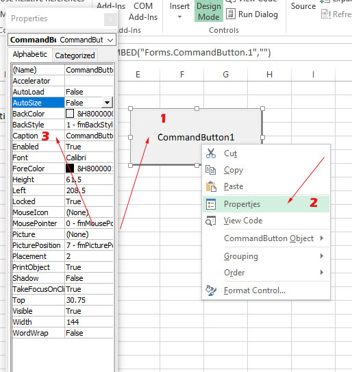 Image of VBA editor showing How to edit the caption of the button